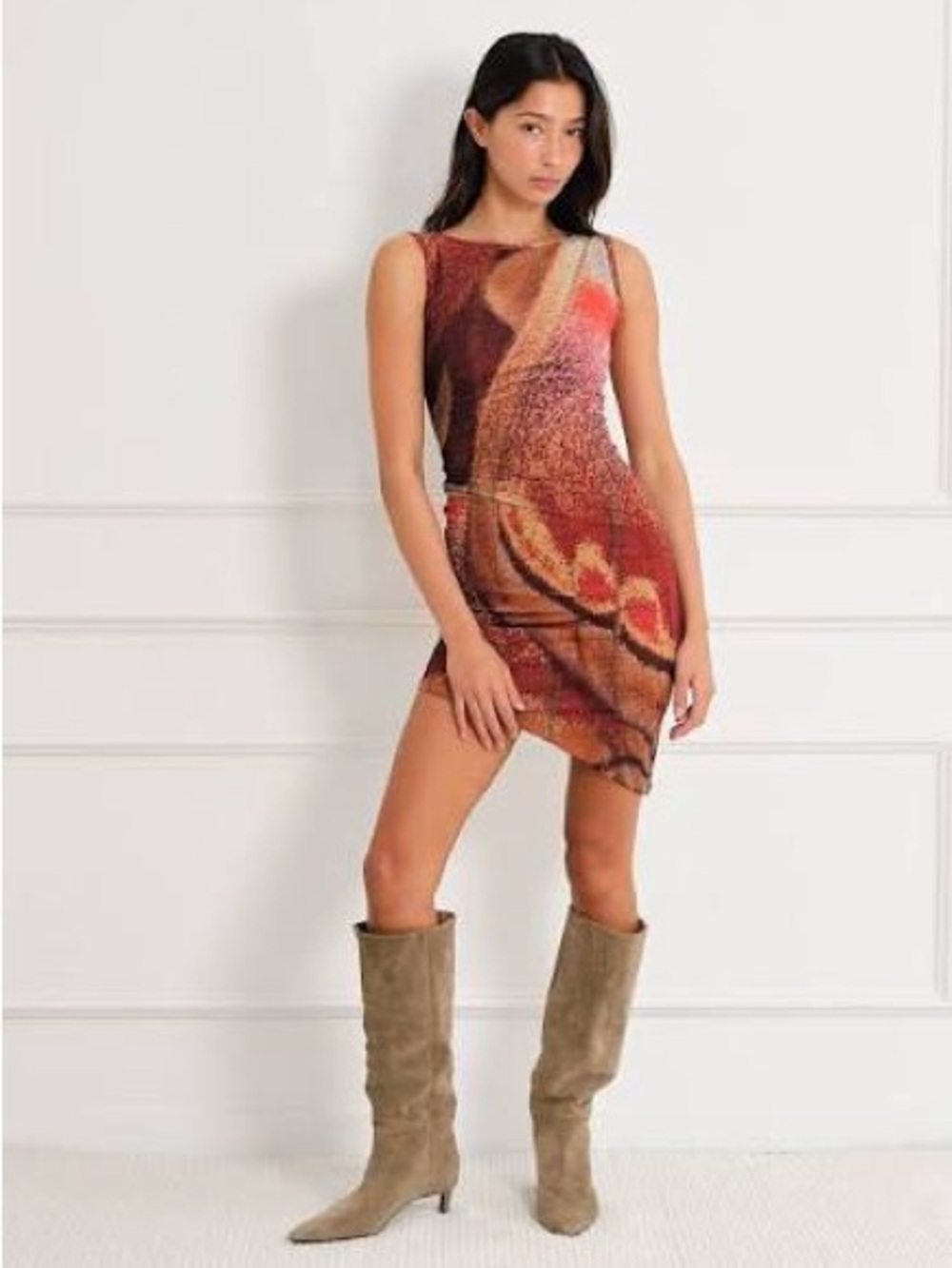 Feners Caracola Dress - Sleeveless Abstract Print Mini Dress in Rust Red, NWT